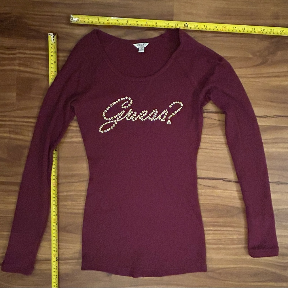 Guess Long Sleeve Waffle Thermal Tee bling rhinestone embellished